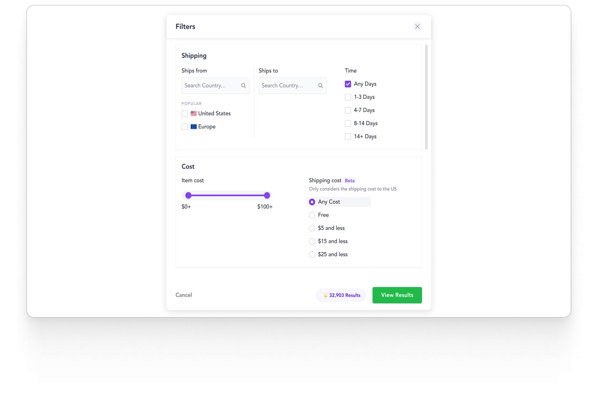 Filter categories browse filter modal